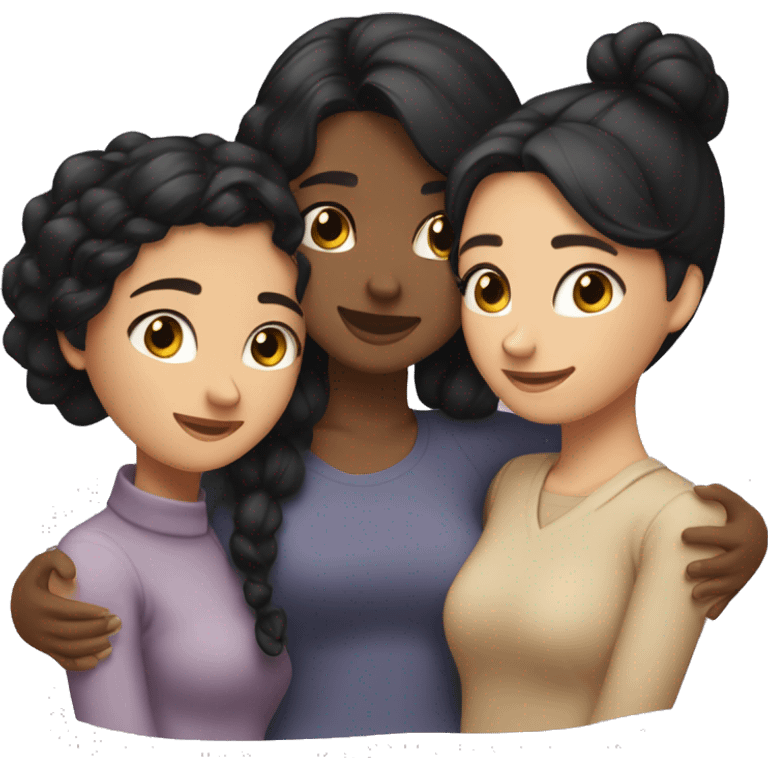 Three friends girl friends !  hugging each other warmly. One friend has fair skin and straight black hair, another has dark skin with black hair styled in a low bun, and the third has tan skin with wavy black hair.” emoji