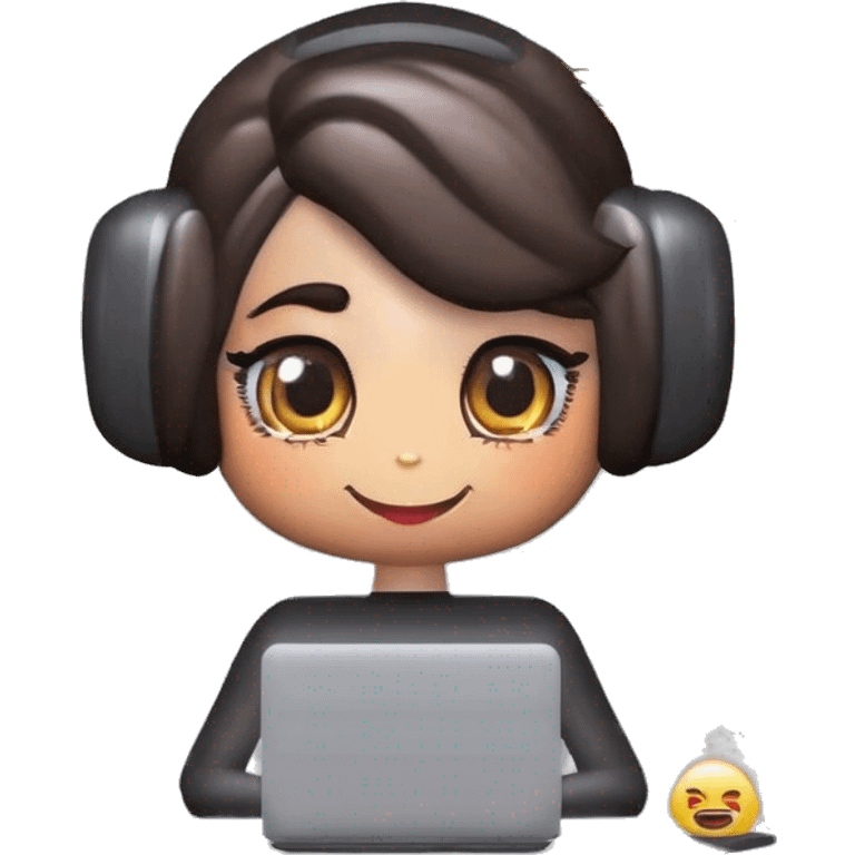 Chica, morena, con cabello ondulado y al frente una computadora gris emoji