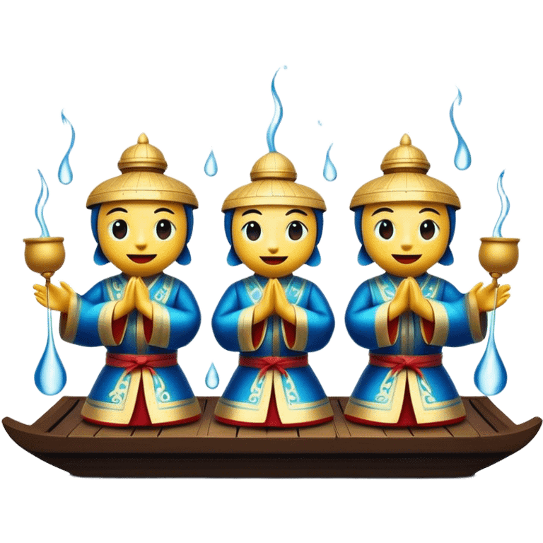 Cinematic Realistic Water Puppetry Emoji, depicted as a whimsical scene of traditional water puppets performing on a reflective water stage, rendered with vivid textures and dynamic playful lighting that captures its enchanting charm. emoji