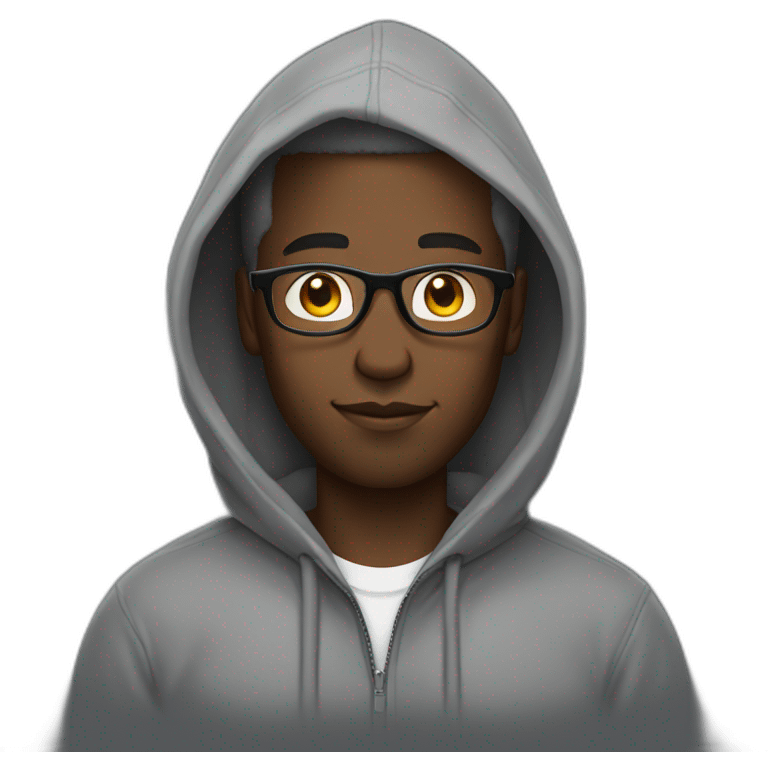 Black man wearing a grey hoodie that is unzipped with glasses. The hood is not on his head emoji