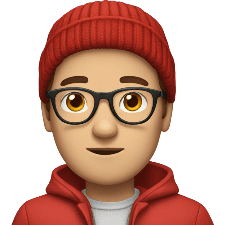 a hipster with short brown hair, glasses, a beanie, with a red jacket on emoji