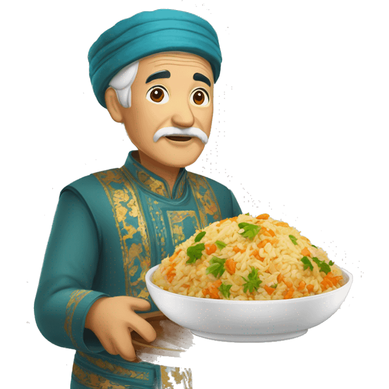 uzbek old man with national outfit chapon serving pilaf emoji