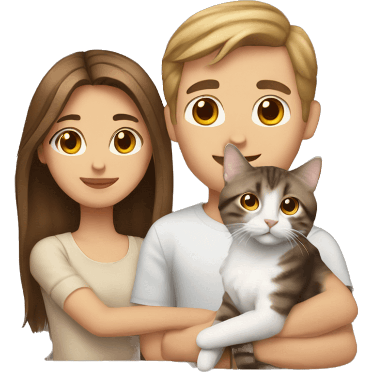 Long Brown hair girl and brown hair white man holding tabby cat  emoji