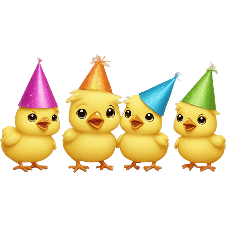 4 baby yellow chickens, wearing party hats emoji