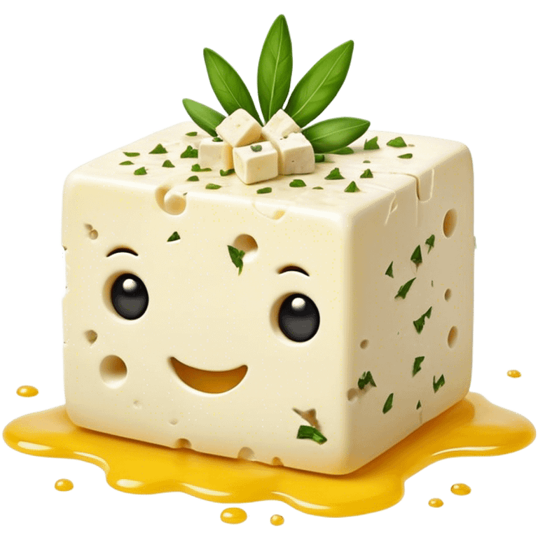 Cinematic Realistic Feta Cheese Dish Emoji, depicted as a block of crumbly, tangy cheese garnished with olive oil and herbs rendered with lifelike detail and soft natural lighting. emoji