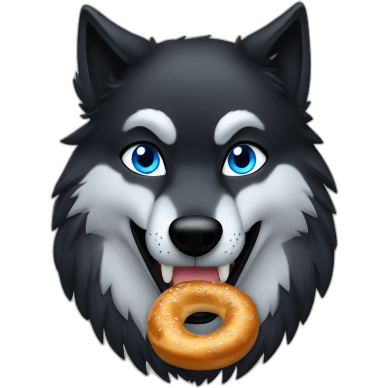 a full black wolf with blue eyes eating a bretzel emoji