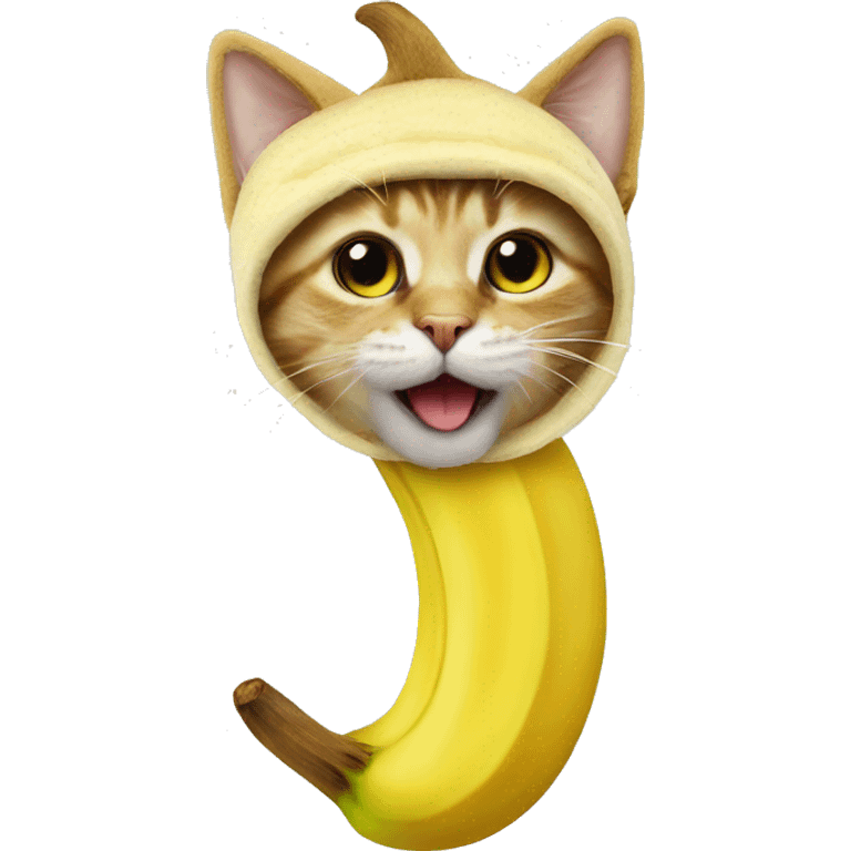 A cat wearing a real banana costume , banana need to in the banana shape emoji