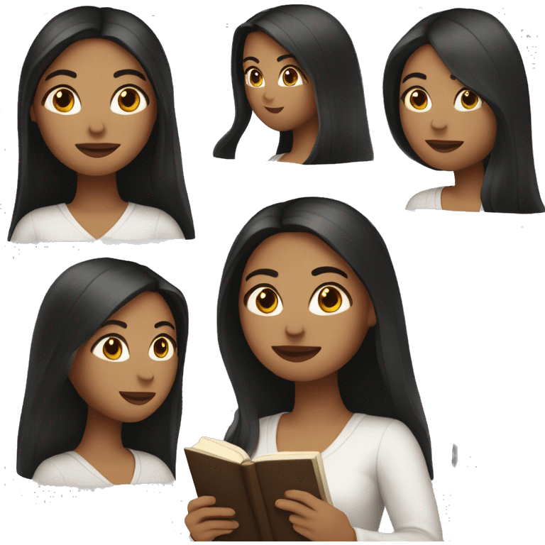 A woman with long, straight hair without bangs, black hair with white skin and brown eyes, and holding a book in her hand emoji