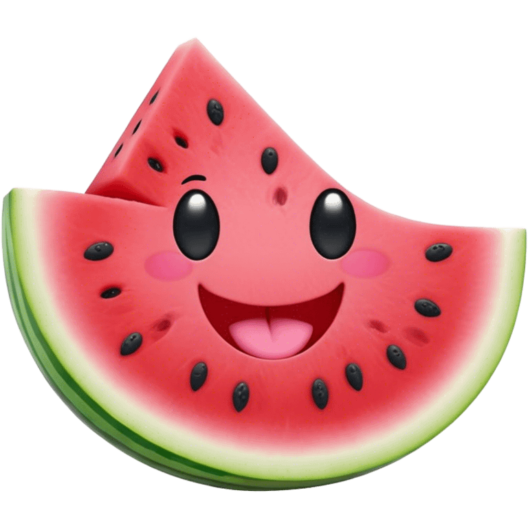 Cute Kawaii Watermelon Slice, juicy and vibrant, soft pastel green rind with pink flesh, tiny black seeds shaped like hearts, an adorable happy face with cute round eyes, bursting with summer energy! emoji