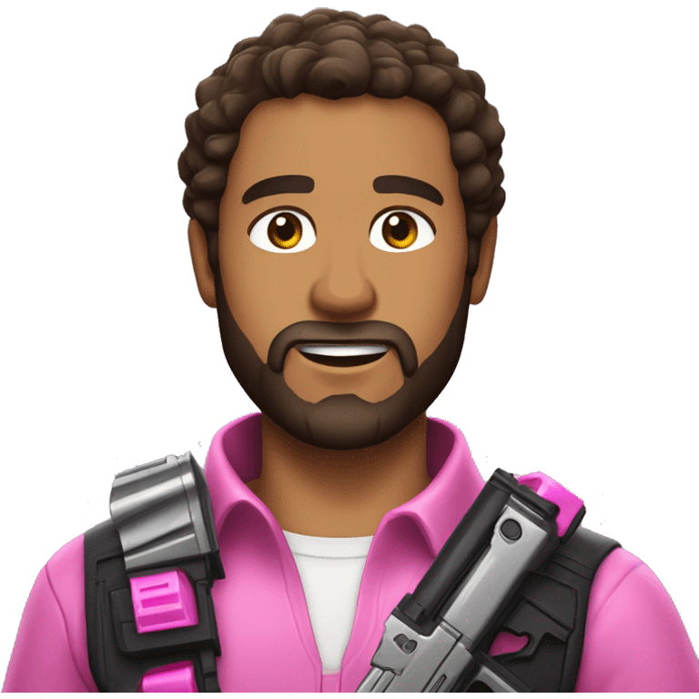 Lightly tanned man with dark brown hair, brown eyes, and a beard, holding a sparkly pink nerf gun emoji