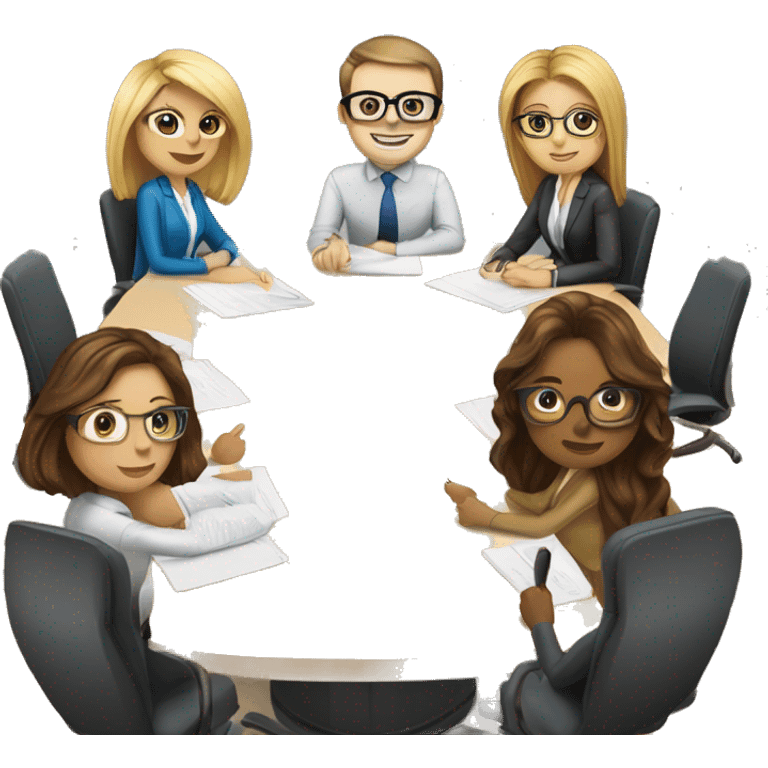 meeting table with 6 people seated two men, both width buzcuts and glases, two blonwimen with long hair, two brownhaired women with long hair and one brown haired woman with short hair emoji