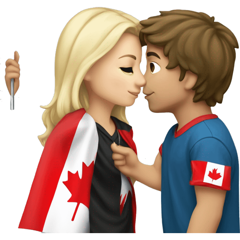 blonde girl kissing brunette boy holding canadian flag emoji