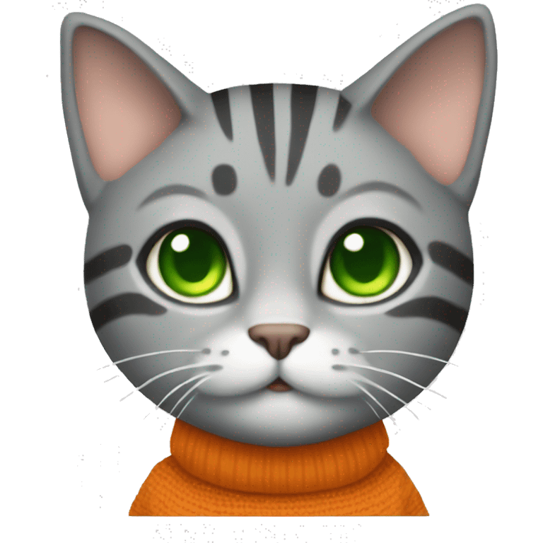 A striped grey cat with green eyes with orange sweater in full growth emoji