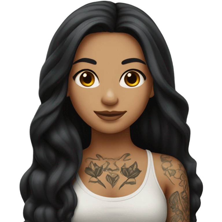 Hyperrealistic beautiful tan girl with tattoos, with long black hair  emoji