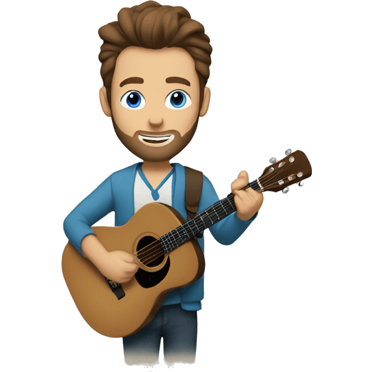 a white man with blue eyes man and brown hair an cardigan with a manbun playing guitar emoji