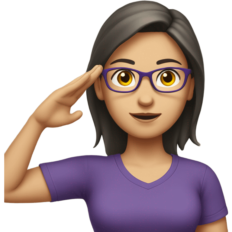 a caucasian brunette female, wearing a purple t-shirt and glasses, making the military salute gesture with one hand on her forehead and the other hand on her waist emoji