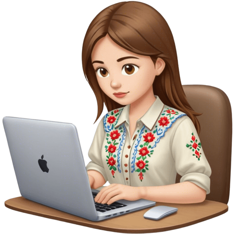 A Ukrainian girl with brown hair in an embroidered shirt works at her laptop emoji