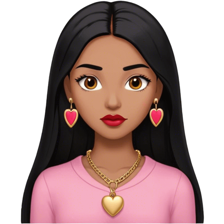 Woman,Medium brown skin,super long black straight hair, medium brown arched eyebrows, full lashes, red nude lips, small stud earrings, gold heart locket, pink shirt emoji