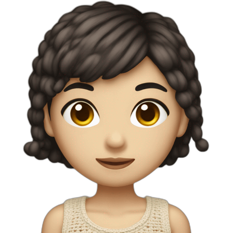 The Asian girl with dark short hair crochet a mushroom emoji