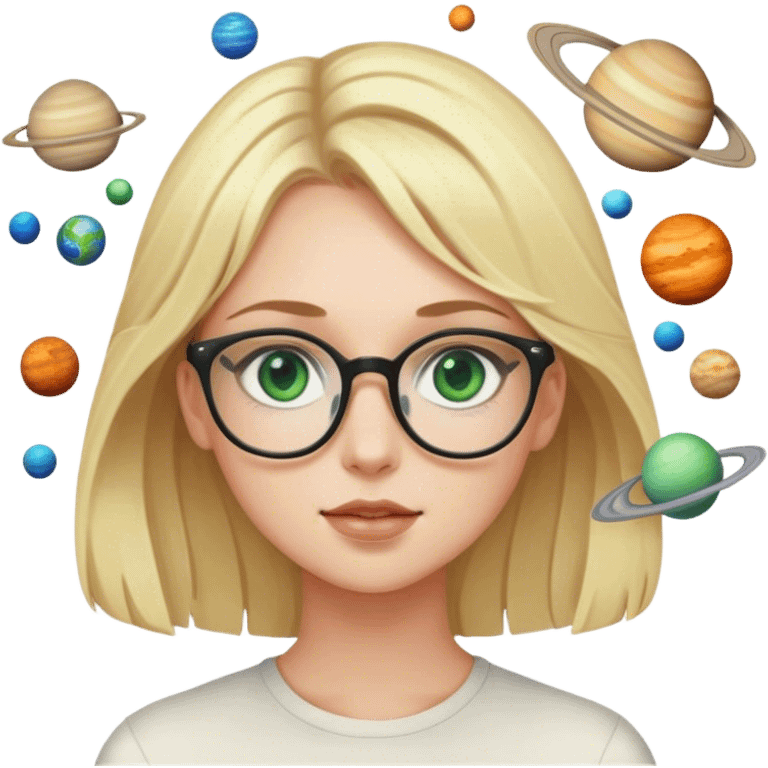 A blonde girl with green eyes and glasses with many planets around her emoji