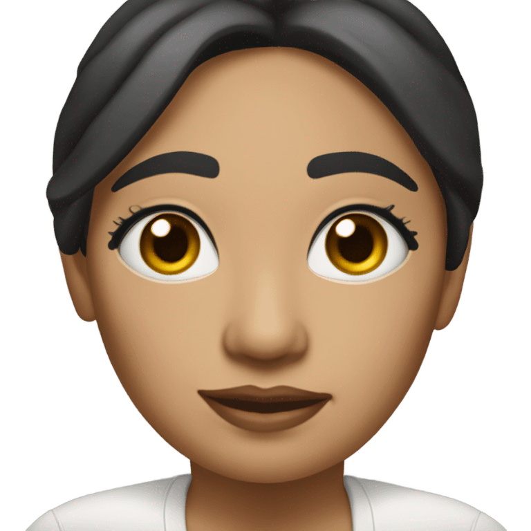 Mexican woman 53 years old has sun-darkened skin with a round face, she has thick shoulder-length black hair. Her eyes are brown, with double eyelids and her eyebrows are tattooed.  emoji