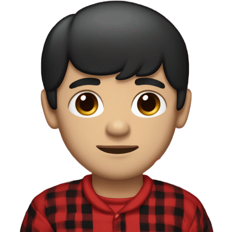 White Man with straight black hair and brown eyes wearing red and black buffalo plaid pjs emoji