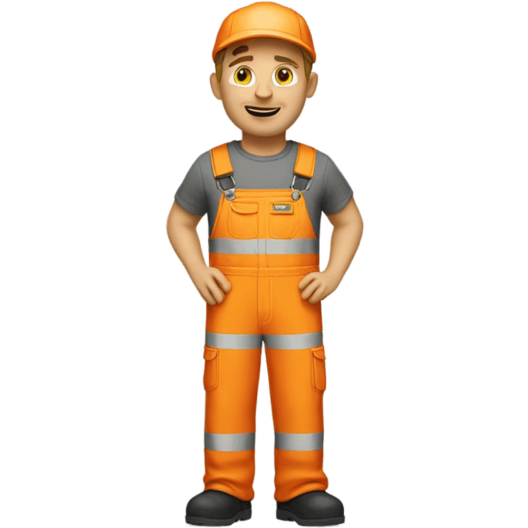 Caucasian male standing wearing orange hi visibility overalls  emoji