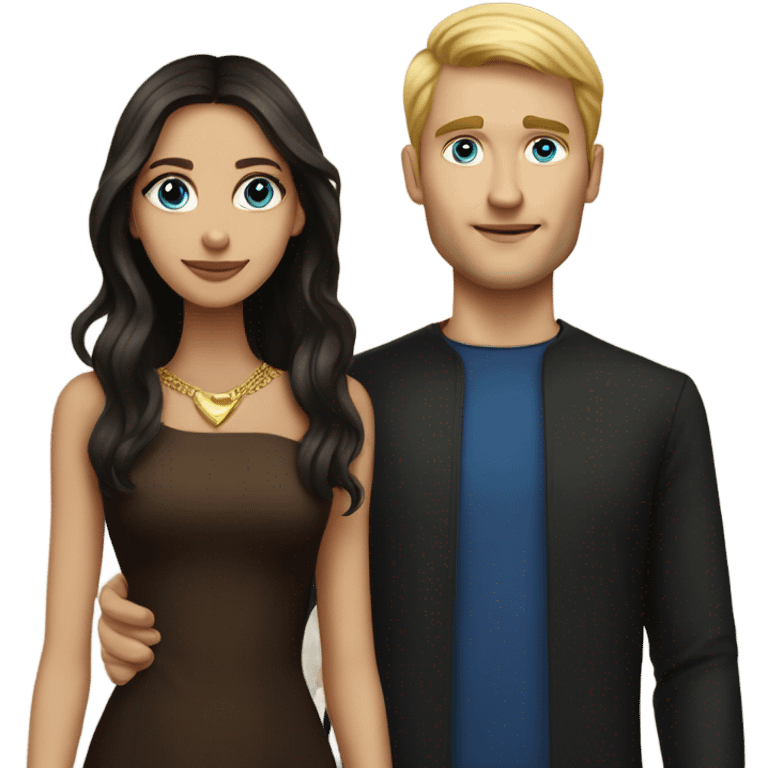 Beautiful skinny woman long dark brown hair in dark dress with gold earrings and blond man with blue eyes with book emoji