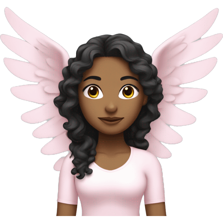 yoga girl wearing light pink with long black curly hair and angel wings emoji