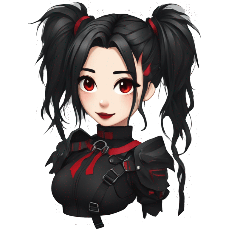 Gorgeous gothic dark techwear anime style lady with blushing face aesthetic and pretty edgy black red punk messy ponytail hair with collar and harness trending style emoji