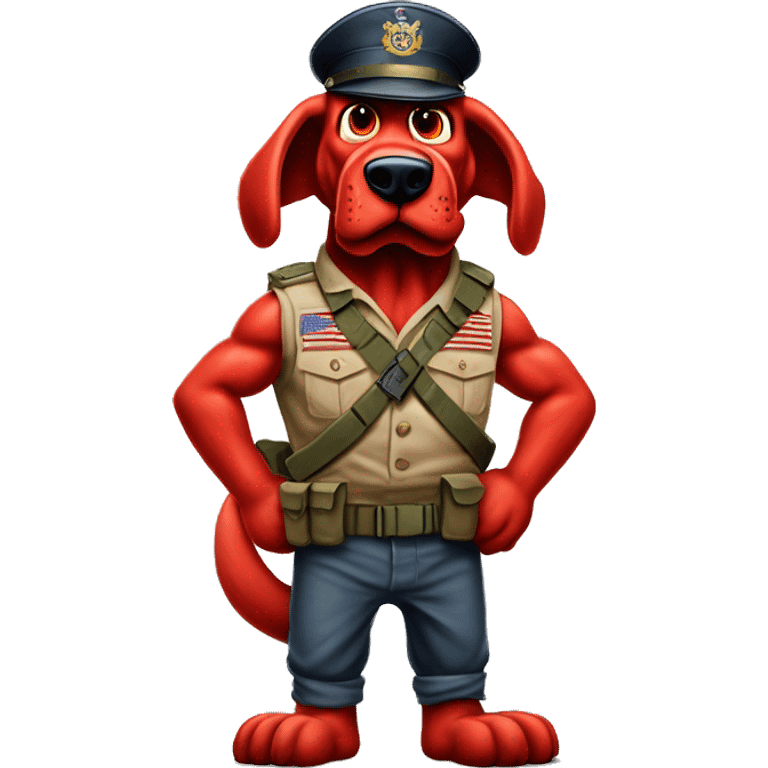 Desert storm humanoid Clifford the big red dog muscled with tattoos on arms book illustration as a military call of duty character standing alone emoji