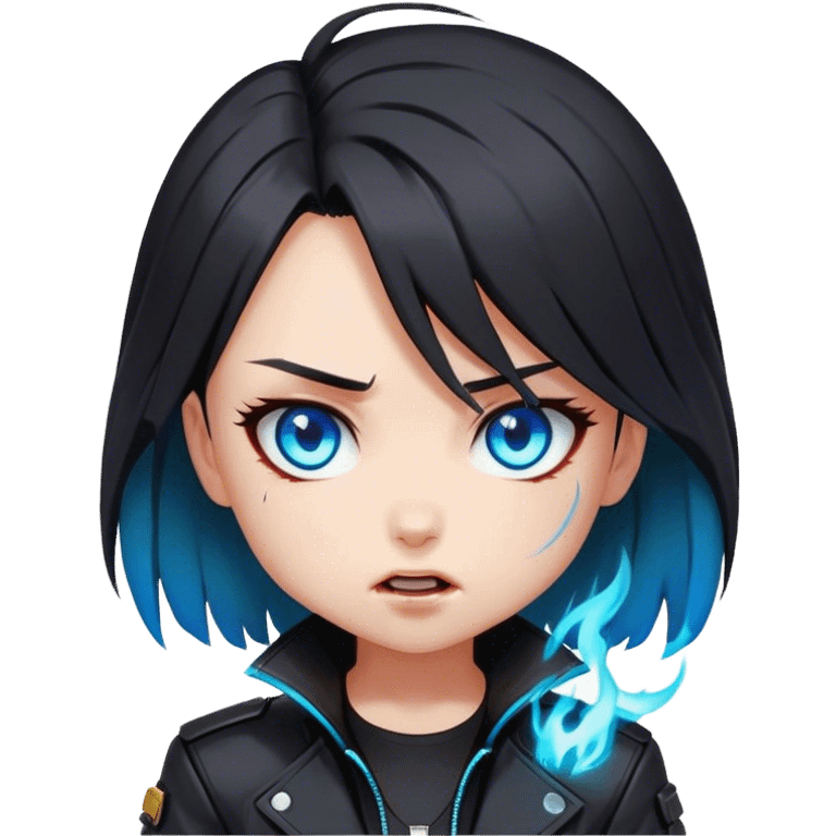 Black hair cyberpunk 2077 chibi girl with blazing blue eyes and black jacket. All emotion reactions emoji