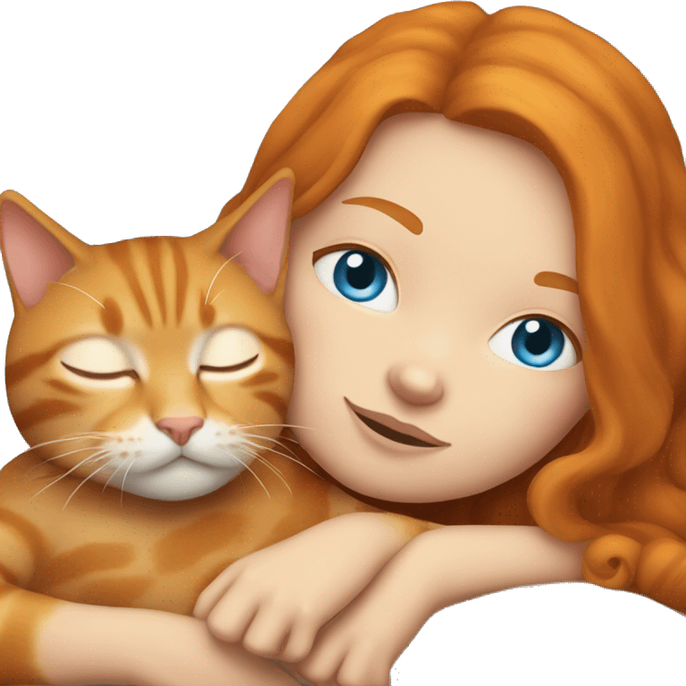 Ginger girl with blue eyes sleeping with a cat emoji