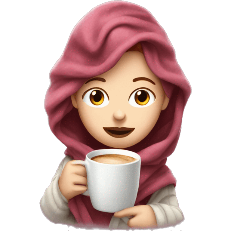 White girl with wavy pink and burgundy hair drinking coffee in a blanket emoji