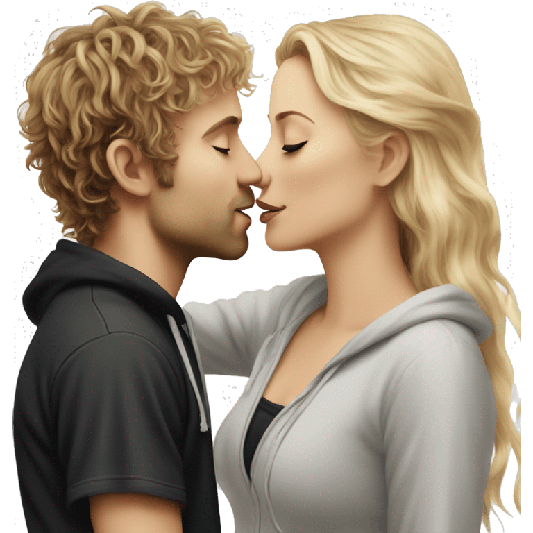 Pippin-hobbit wearing hoodie passionately kissing pretty blonde woman with black top emoji