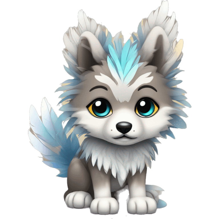 Fluffy Shy Chibi Spiritual Shamanic Wolf With Shiny Tribal Markings wearing feathers Full Body emoji