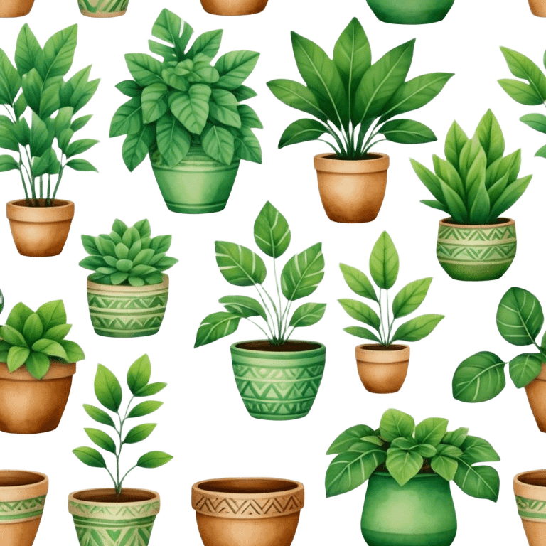 A stylized collection of leafy green plants in boho-inspired pots, arranged artistically in a watercolor painting. emoji