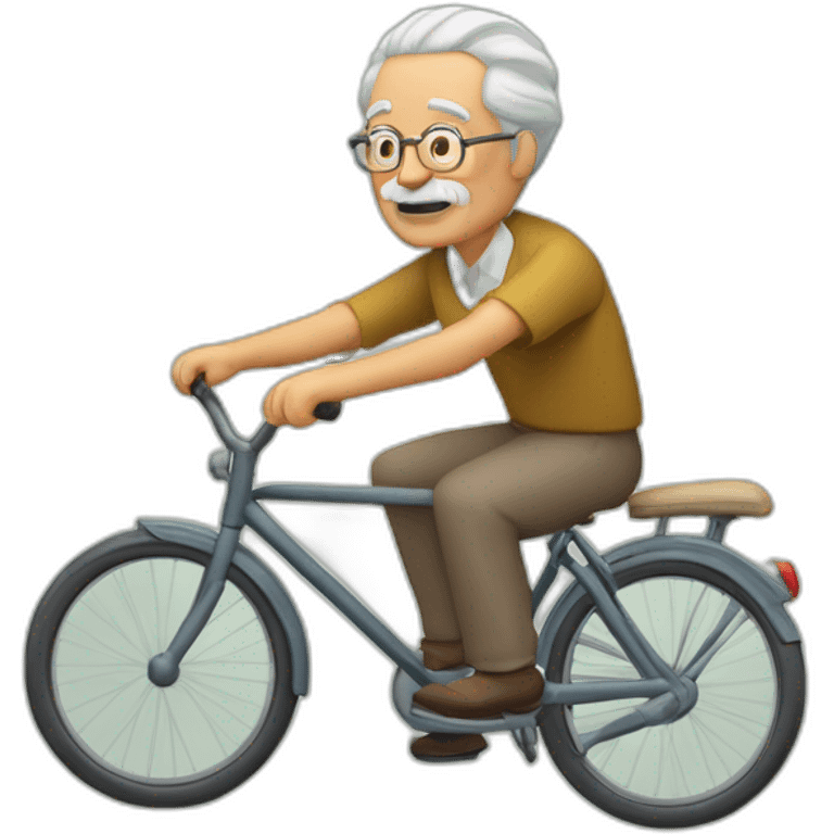 Abuelo sin barba con boina en la cabeza pedaleando con una bicicleta antigua de paseo con cara de cansado. emoji