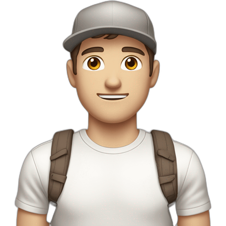 Pale skinned fit Man with dark brown hair in a light gray cap, dark brown jeans, brown polo and white T-shirt keeping a pasted with tape white box into his hands emoji