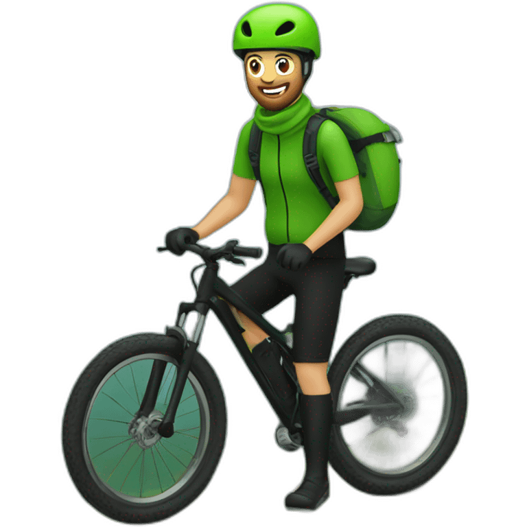 mountain biker with a green bicycle, black pants, con bufanda y gorro, high speed emoji