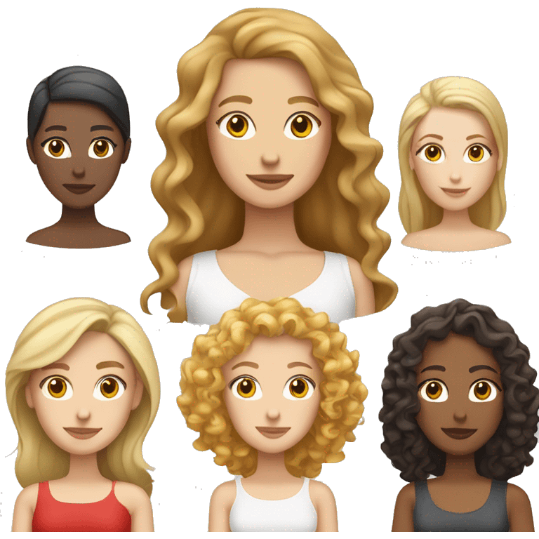 tan woman with curly hair, pale woman with blonde straight hair, pale woman with red straight hair, pale woman with dark brown straight hair, pale woman with light brown wavy hair emoji