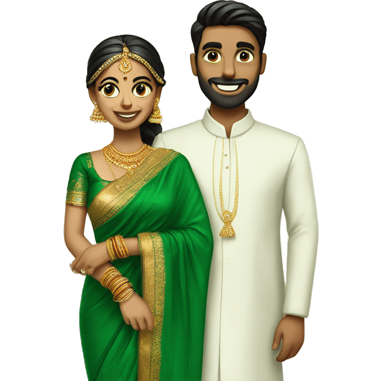 bride in green saree and groom in south indian dress emoji