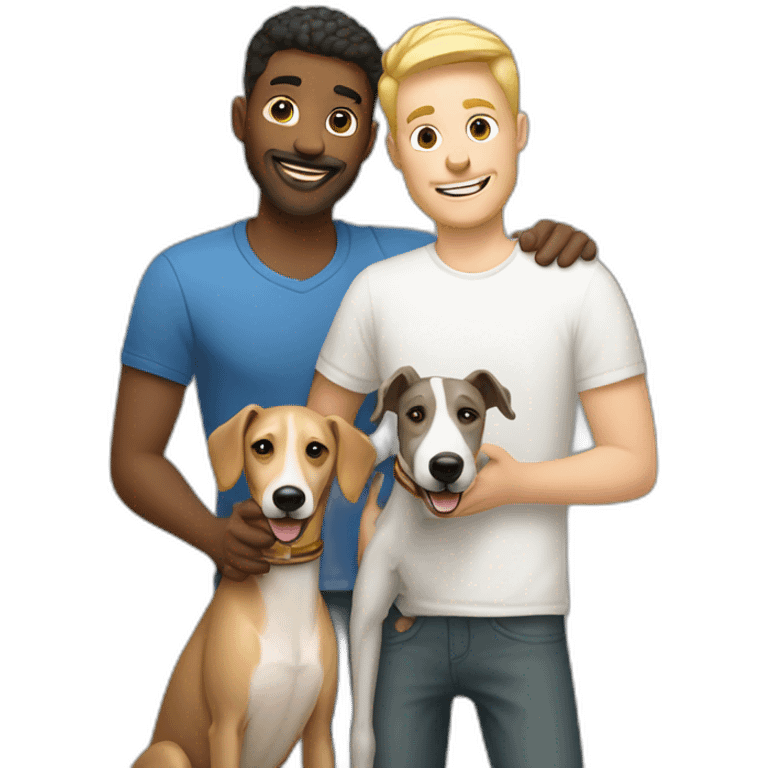 Happy gay couple blond man and white man with a dog greyhound emoji