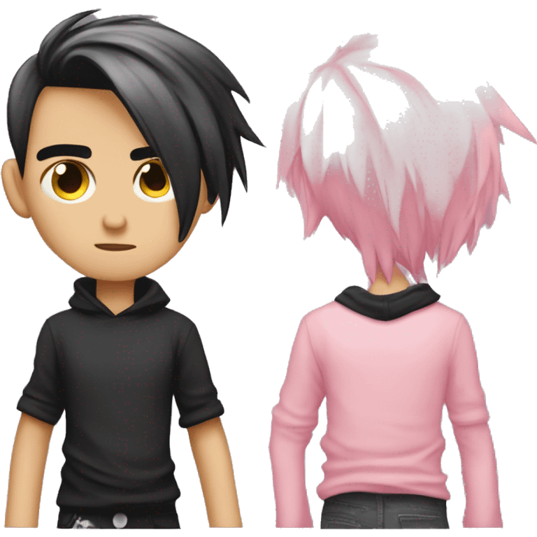 Create an emoji of an emo guy with split-dyed hair—one side pastel pink and the other side black. The hair should have a slightly messy, choppy texture, and the character should have a subtle, sad expression, wearing dark clothing typical of emo fashion emoji