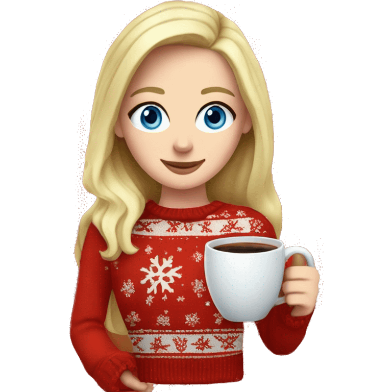 White girl blonde girl with blue eyes wearing a red Christmas sweater holding cup of coffee emoji