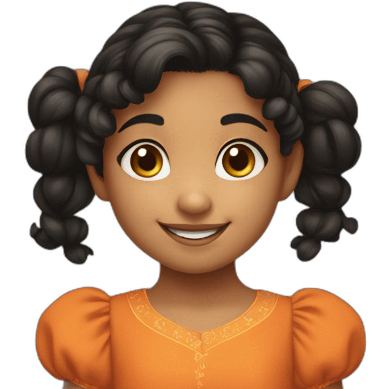 smiling and pointing 3 years old indian girl with black curly hair in pigtails wearing a orange dress emoji