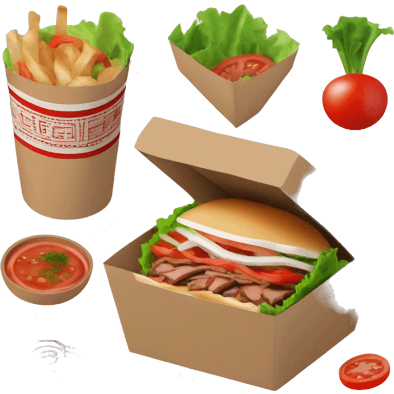 “Generate a detailed image of a doner kebab served in a takeaway box, with sliced meat, fresh lettuce, tomatoes, onions, and a drizzle of sauce.” No face emoji