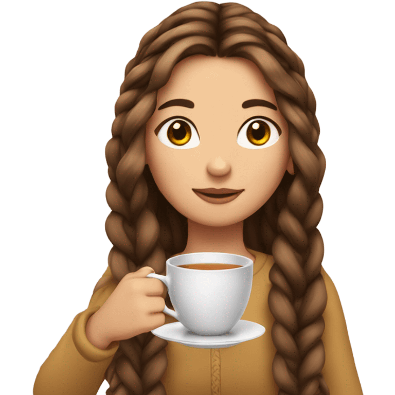 Girl sipping tea with long and brown hair and Her hair is braided. emoji