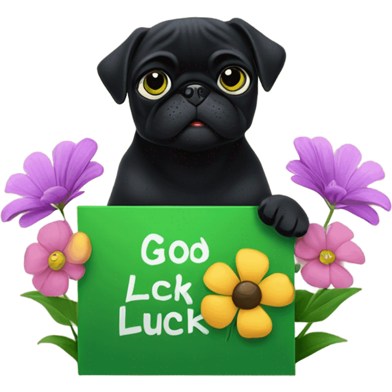 Black pug , surrounded by flowers, holding a green sign that says “good luck”  emoji