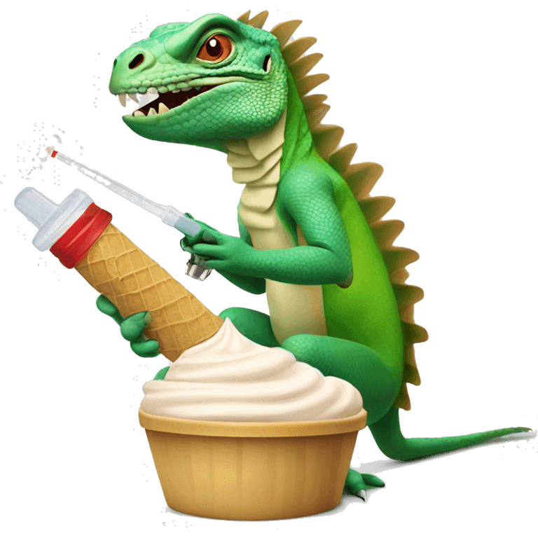 Iguana injecting the ice cream with a syringe emoji